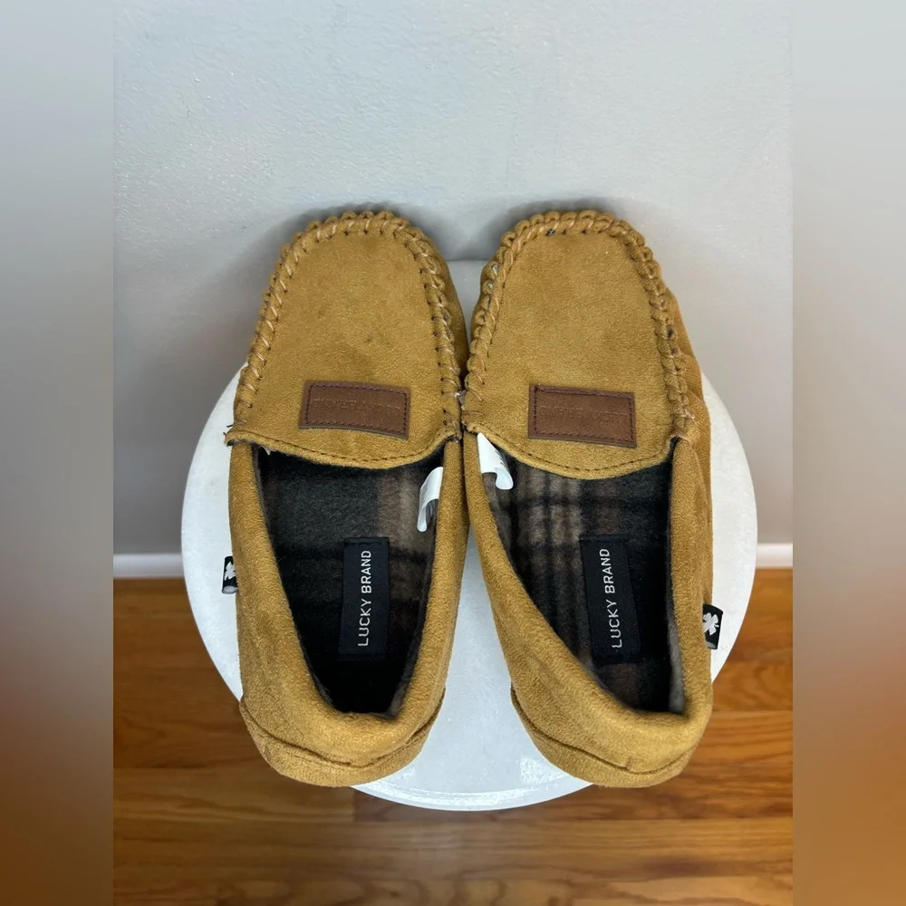LUCKY BRAND Slippers Tan Brown Camel Like Suede Soft‎ Warm House Shoe Sz 2 Sz 3